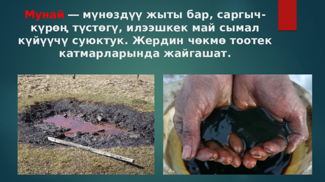 Мунай  ― мүнөздүү жыты бар, саргыч-күрөң түстөгү, илээшкек май сымал күйүүчү суюктук. Жердин чөкмө тоотек катмарларында жайгашат. 