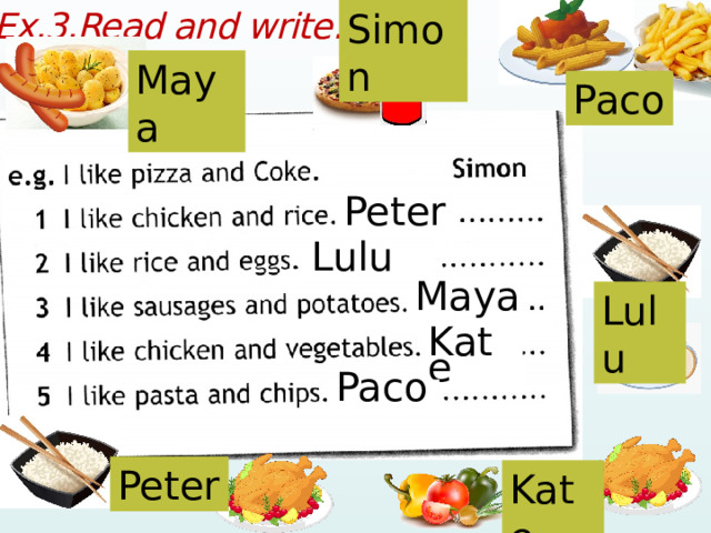 Ex.3.Read and write: Simon Maya Paco Peter Lulu Lulu Maya Kate Paco Peter Kate 
