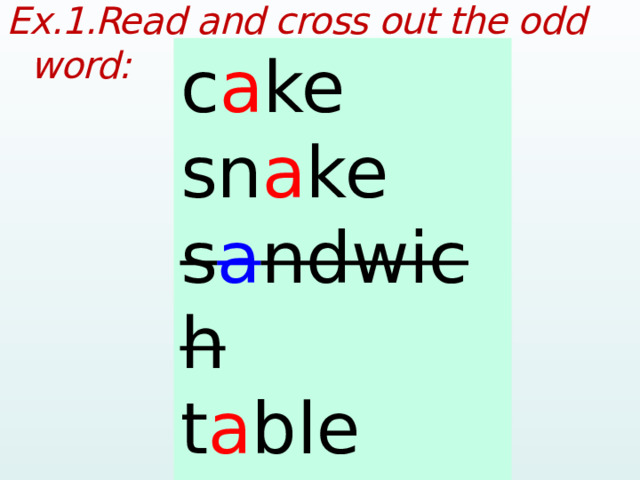 Ex.1.Read and cross out the odd word:  cake snake sandwich table late c a ke sn a ke s a ndwich t a ble l a te  
