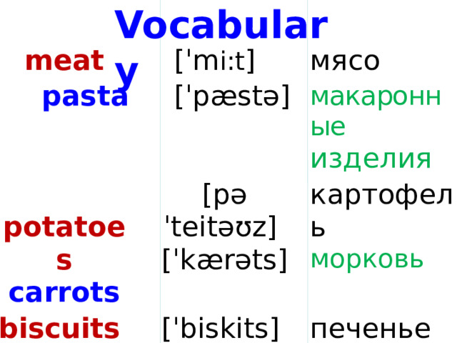 Vocabulary meat  [ˈm i:t ]  pasta мясо  [ˈpæstə]  potatoes макаронные carrots  [pəˈteitəʊz] biscuits  sausages [ˈbiskits]  [ˈkærəts] картофель изделия печенье морковь  [ˈsɒsidʒiz] rice cосиски  [ˈra is ] рис  