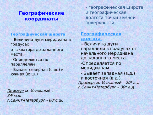 - географическая широта и географическая долгота точки земной поверхности Географические координаты Географическая широта  Географическая долгота  – Величина дуги меридиана в градусах – Величина дуги параллели в градусах от начального меридиана до заданного места. от экватора до заданного места. Определяется по меридианам  Бывает западная (з.д.) и восточная (в.д.). - Определяется по параллелям - Бывает северная (с.ш.) и южная (ю.ш.) Пример: м. Игольный – 20 о в.д. г.Санкт-Петербург – 30 о в.д. Пример: м. Игольный – 34 о ю.ш. г.Санкт-Петербург - 60 о с.ш. 