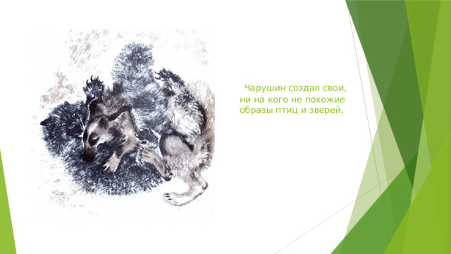  Чарушин создал свои, ни на кого не похожие образы птиц и зверей. 