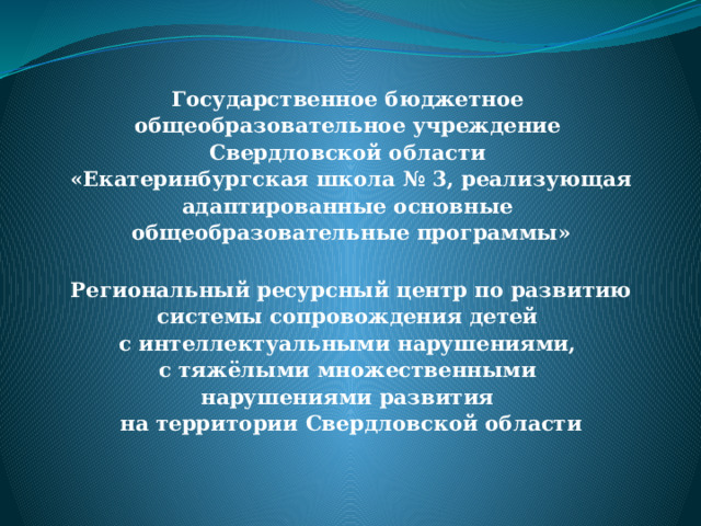Государственное бюджетное общеобразовательное учреждение Свердловской области «Екатеринбургская школа № 3, реализующая адаптированные основные общеобразовательные программы»  Региональный ресурсный центр по развитию системы сопровождения детей  с интеллектуальными нарушениями, с тяжёлыми множественными  нарушениями развития на территории Свердловской области 