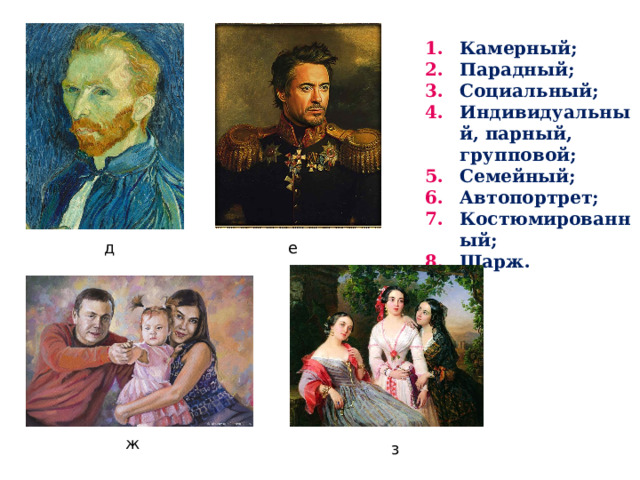 Камерный; Парадный; Социальный; Индивидуальный, парный, групповой; Семейный; Автопортрет; Костюмированный; Шарж. Камерный; Парадный; Социальный; Индивидуальный, парный, групповой; Семейный; Автопортрет; Костюмированный; Шарж. д е ж з 