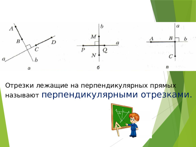 Отрезки лежащие на перпендикулярных прямых называют перпендикулярными отрезками. 