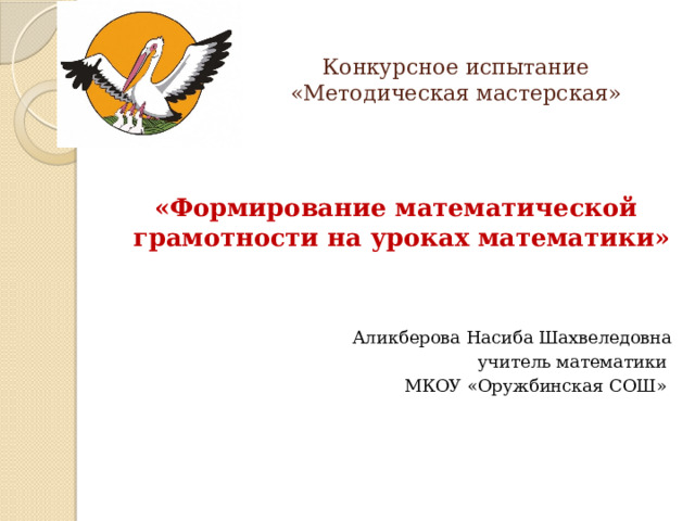  Конкурсное испытание  «Методическая мастерская»  «Формирование математической грамотности на уроках математики»  Аликберова Насиба Шахвеледовна  учитель математики  МКОУ «Оружбинская СОШ» 