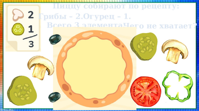 Пиццу собирают по рецепту: Грибы – 2.Огурец – 1. Всего 3 элемента. Чего не хватает? 