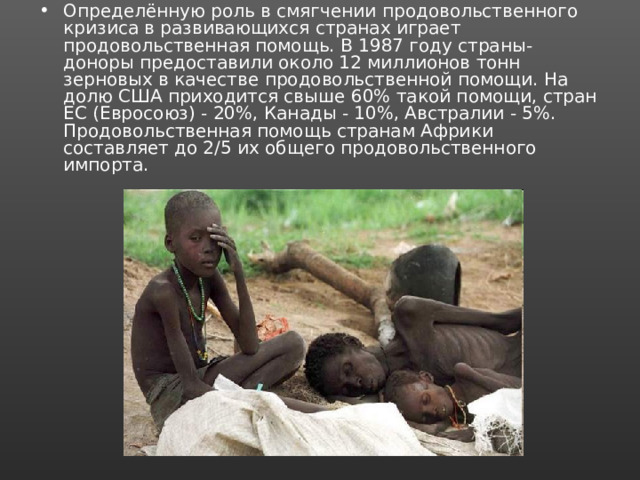 Определённую роль в смягчении продовольственного кризиса в развивающихся странах играет продовольственная помощь. В 1987 году страны-доноры предоставили около 12 миллионов тонн зерновых в качестве продовольственной помощи. На долю США приходится свыше 60% такой помощи, стран ЕС (Евросоюз) - 20%, Канады - 10%, Австралии - 5%. Продовольственная помощь странам Африки составляет до 2/5 их общего продовольственного импорта. 