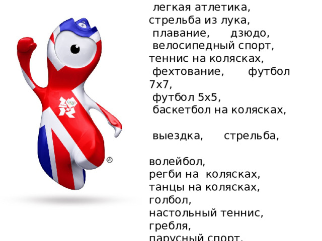 Летние виды спорта :  тяжелая атлетика,  легкая атлетика, стрельба из лука,  плавание, дзюдо,  велосипедный спорт, теннис на колясках,  фехтование, футбол 7x7,  футбол 5x5,  баскетбол на колясках,  выездка, стрельба, волейбол, регби на колясках, танцы на колясках, голбол, настольный теннис, гребля, парусный спорт.  