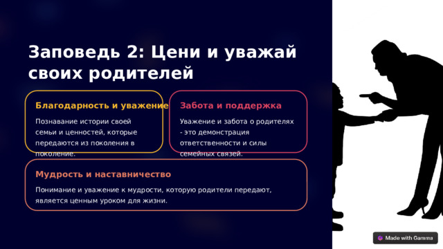 Заповедь 2: Цени и уважай своих родителей Благодарность и уважение Забота и поддержка Познавание истории своей семьи и ценностей, которые передаются из поколения в поколение. Уважение и забота о родителях - это демонстрация ответственности и силы семейных связей. Мудрость и наставничество Понимание и уважение к мудрости, которую родители передают, является ценным уроком для жизни.  