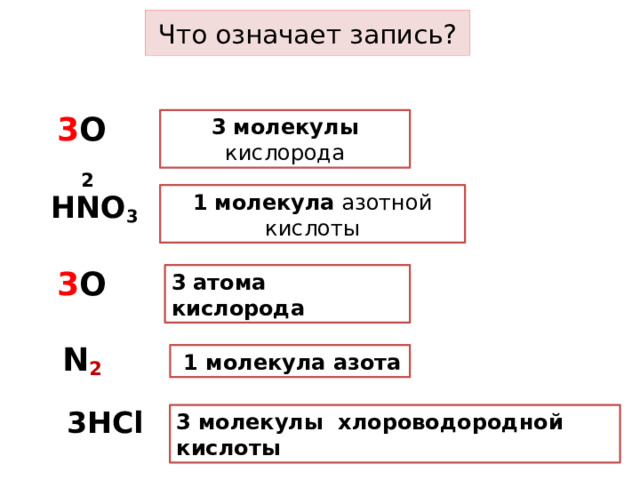 Что означает запись? 3 О 2 3  молекулы кислорода НNО 3 1  молекула азотной кислоты 3 О 3  атома кислорода N 2   1 молекула азота 3НСl 3  молекулы хлороводородной кислоты 