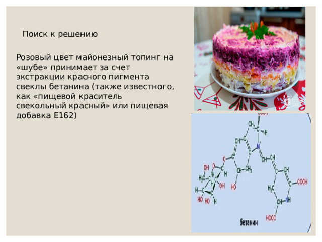  Поиск к решению  Розовый цвет майонезный топинг на «шубе» принимает за счет экстракции красного пигмента свеклы бетанина (также известного, как «пищевой краситель свекольный красный» или пищевая добавка Е162) 