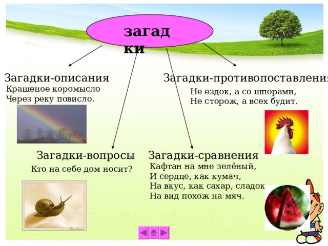 загадки Загадки-противопоставления Загадки-описания Крашеное коромысло Через реку повисло. Не ездок, а со шпорами, Не сторож, а всех будит. Загадки-сравнения Загадки-вопросы Кафтан на мне зелёный, И сердце, как кумач, На вкус, как сахар, сладок, На вид похож на мяч. Кто на себе дом носит? 