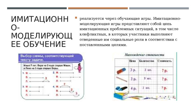 Имитационно-моделирующее обучение реализуется через обучающие игры.   Имитационно-моделирующие игры   представляют собой цепь имитационных проблемных ситуаций, в том числе конфликтных, в которых участники выполняют отведенные им социальные роли в соответствии с поставленными целями. 