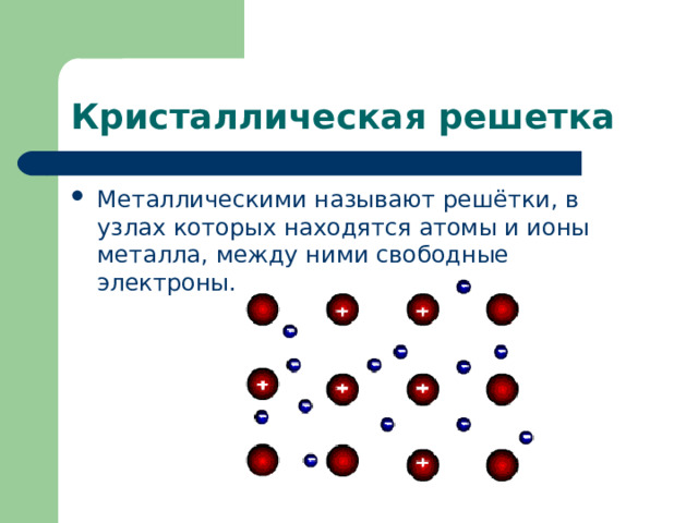 Кристаллическая решетка Металлическими называют решётки, в узлах которых находятся атомы и ионы металла, между ними свободные электроны. 
