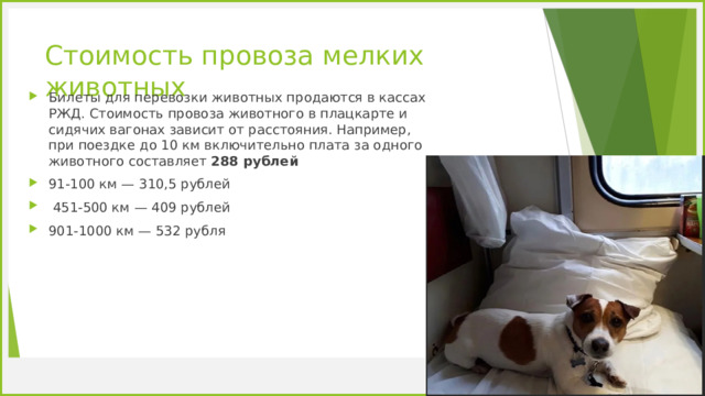 Стоимость провоза мелких животных Билеты для перевозки животных продаются в кассах РЖД. Стоимость провоза животного в плацкарте и сидячих вагонах зависит от расстояния. Например, при поездке до 10 км включительно плата за одного животного составляет 288 рублей  91-100 км — 310,5 рублей  451-500 км — 409 рублей 901-1000 км — 532 рубля  