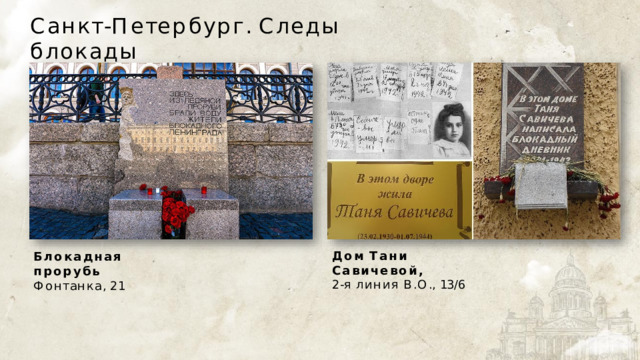 С а н к т - П е т е р б у р г .  С л е д ы  б л о к а д ы Дом  Тани  Савичевой, 2 - я  л и н и я  В . О . ,  13 / 6 Блокадная  прорубь Ф о н т а н к а ,  2 1 