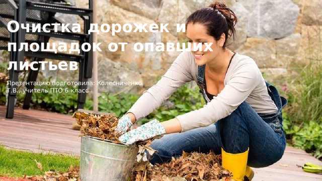 Очистка дорожек и площадок от опавших листьев Презентацию подготовила: Колесниченко Т.В., учитель ПТО 6 класс 