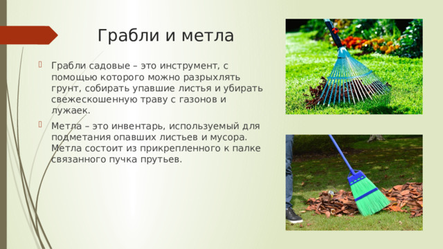 Грабли и метла Грабли садовые – это инструмент, с помощью которого можно разрыхлять грунт, собирать упавшие листья и убирать свежескошенную траву с газонов и лужаек. Метла – это инвентарь, используемый для подметания опавших листьев и мусора. Метла состоит из прикрепленного к палке связанного пучка прутьев. 
