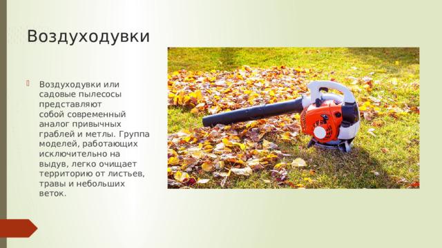 Воздуходувки Воздуходувки или садовые пылесосы представляют собой современный аналог привычных граблей и метлы. Группа моделей, работающих исключительно на выдув, легко очищает территорию от листьев, травы и небольших веток. 