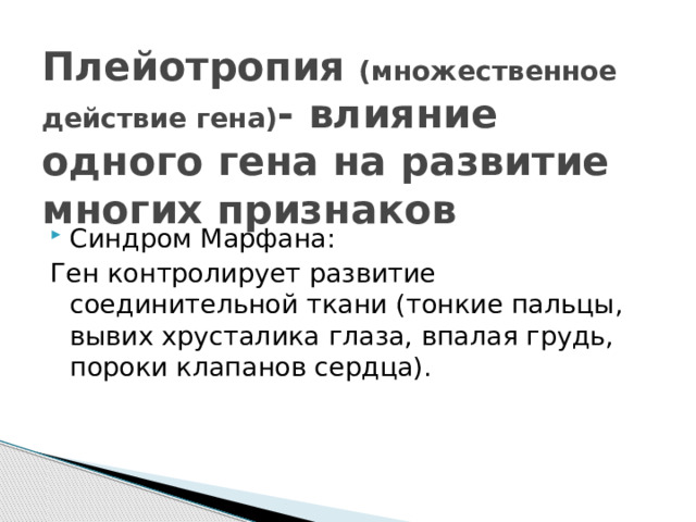 Плейотропия (множественное действие гена) - влияние одного гена на развитие многих признаков Синдром Марфана: Ген контролирует развитие соединительной ткани (тонкие пальцы, вывих хрусталика глаза, впалая грудь, пороки клапанов сердца). 
