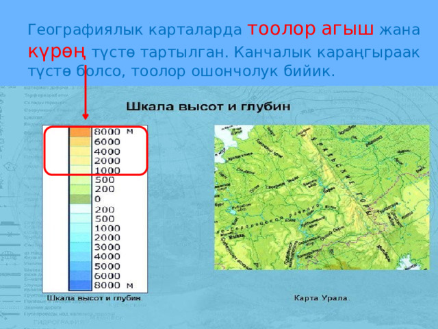   Географиялык карталарда тоолор  агыш жана күрөң түстө тартылган. Канчалык караңгыраак түстө болсо, тоолор ошончолук бийик. 