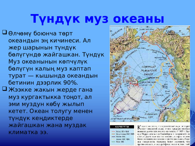 Түндүк муз океаны Өлчөмү боюнча төрт океандын эң кичинеси. Ал жер шарынын түндүк бөлүгүндө жайгашкан. Түндүк Муз океанынын көпчүлүк бөлүгүн калың муз каптап турат — кышында океандын бетинин дээрлик 90%. Жээкке жакын жерде гана муз кургактыкка тоңот, ал эми муздун көбү жылып кетет. Океан толугу менен түндүк кеңдиктерде жайгашкан жана муздак климатка ээ. 5 