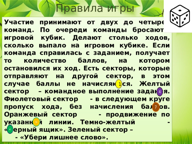 Правила игры Участие принимают от двух до четырех команд. По очереди команды бросают игровой кубик. Делают столько ходов, сколько выпало на игровом кубике. Если команда справилась с заданием, получает то количество баллов, на котором остановился их ход. Есть секторы, которые отправляют на другой сектор, в этом случае баллы не начисляются. Желтый сектор – командное выполнение задания. Фиолетовый сектор - в следующем круге пропуск хода, без начисления баллов. Оранжевый сектор - продвижение по указанной линии. Темно-желтый - «Черный ящик». Зеленый сектор –  - «Убери лишнее слово». 1 