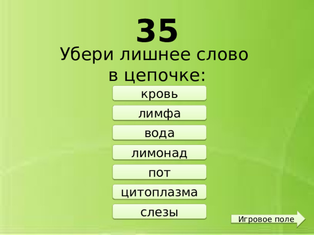35 Убери лишнее слово в цепочке: кровь лимфа вода лимонад пот цитоплазма слезы Игровое поле 
