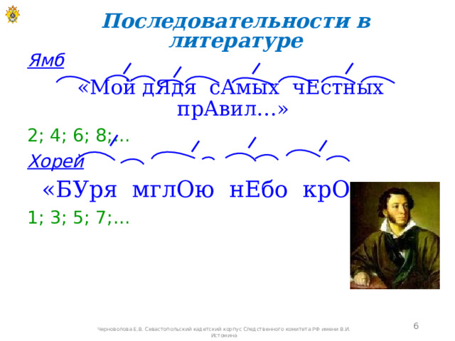 Последовательности в литературе Ямб   «Мой дЯдя сАмых чЕстных прАвил…» 2; 4; 6; 8;… Хорей «БУря мглОю нЕбо крОет…» 1; 3; 5; 7;…  Черноволова Е.В. Севастопольский кадетский корпус Следственного комитета РФ имени В.И. Истомина 