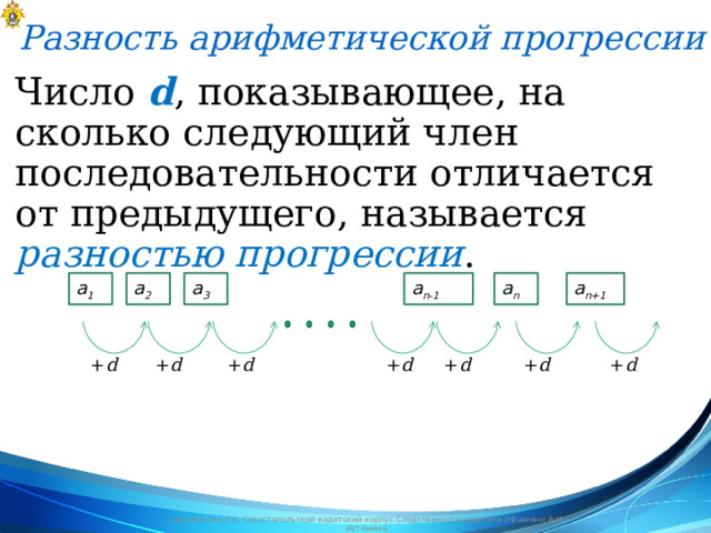 Разность арифметической прогрессии   Число d , показывающее, на сколько следующий член последовательности отличается от предыдущего, называется разностью прогрессии .  a n+1 a n-1 a n a 3 a 1 a 2 + d + d + d + d + d + d + d Черноволова Е.В. Севастопольский кадетский корпус Следственного комитета РФ имени В.И. Истомина 
