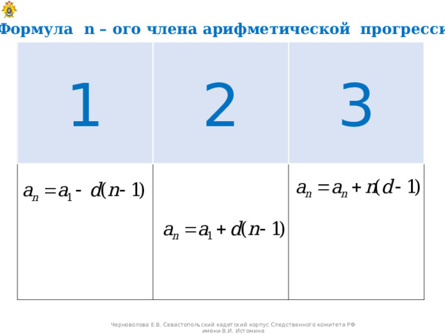 Формула n – ого члена арифметической прогрессии 1 2 3 Черноволова Е.В. Севастопольский кадетский корпус Следственного комитета РФ имени В.И. Истомина 