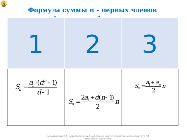 Формула суммы n – первых членов арифметической прогрессии. 1 2 3 Черноволова Е.В. Севастопольский кадетский корпус Следственного комитета РФ имени В.И. Истомина 