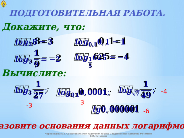 Подготовительная работа. Докажите, что:         Вычислите:       -4 3 -3   -6 Назовите основания данных логарифмов. Черноволова Е.В. Севастопольский кадетский корпус Следственного комитета РФ имени В.И. Истомина 