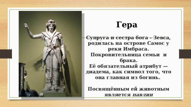 Гера  Супруга и сестра бога - Зевса, родилась на острове Самос у реки Имбраса.  Покровительница семьи и брака.  Её обязательный атрибут — диадема, как символ того, что она главная из богинь.    Посвящённым ей животным является павлин   