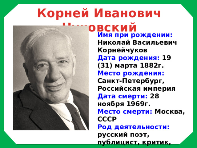 Корней Иванович Чуковский Имя при рождении: Николай Васильевич Корнейчуков Дата рождения: 19 (31) марта 1882г. Место рождения: Санкт-Петербург, Российская империя Дата смерти: 28 ноября 1969г. Место смерти: Москва, СССР Род деятельности: русский поэт, публицист, критик, переводчик и литературовед 