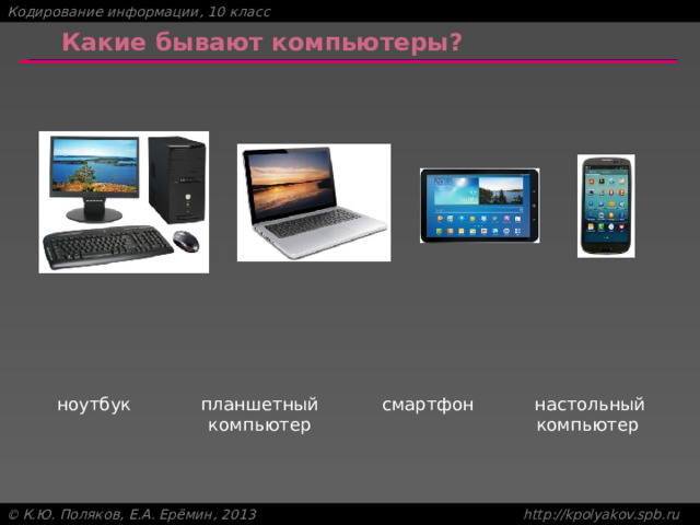 Какие бывают компьютеры? настольный компьютер смартфон ноутбук планшетный компьютер 