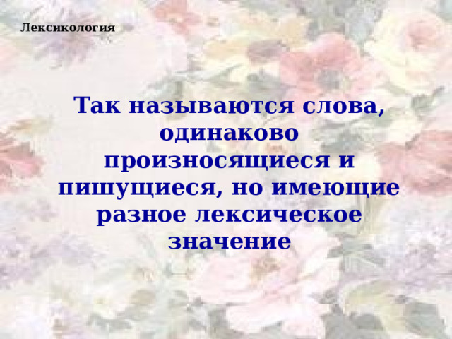 Лексикология Так называются слова, одинаково произносящиеся и пишущиеся, но имеющие разное лексическое значение  