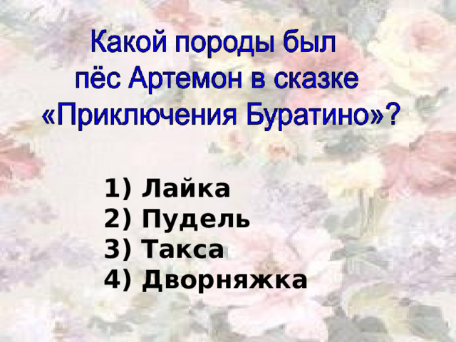 1) Лайка 2) Пудель 3) Такса 4) Дворняжка 