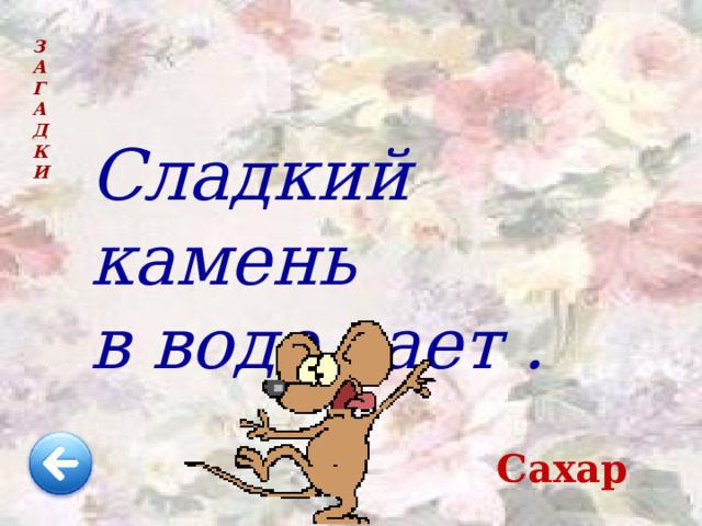 З  А  Г  А  Д  К  И Сладкий камень в воде тает . Сахар 