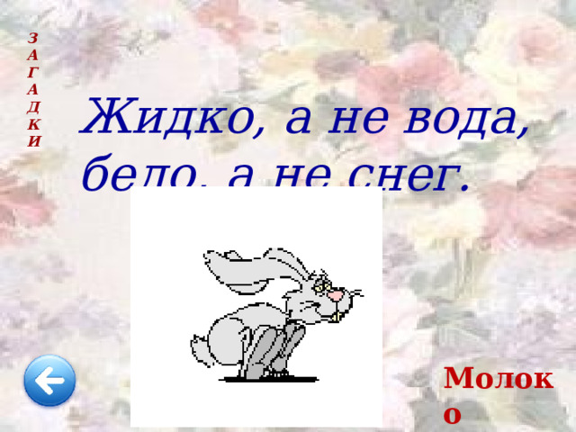 Жидко, а не вода, бело, а не снег. З  А  Г  А  Д  К  И Молоко 