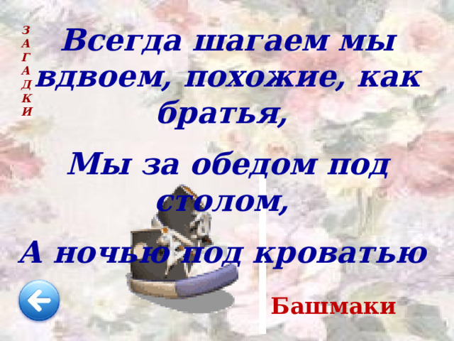 Всегда шагаем мы вдвоем, похожие, как братья, Мы за обедом под столом, А ночью под кроватью З  А  Г  А  Д  К  И Башмаки 
