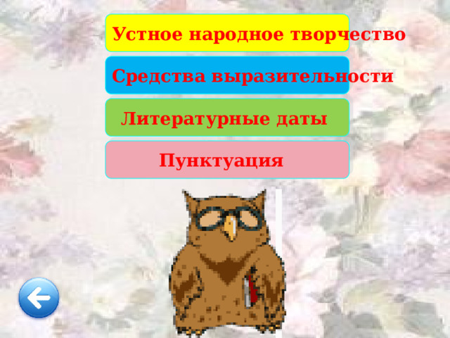 В финальном раунде предложены 4 темы (4 вопроса). Исходя из набранных баллов, команды сами определяют стоимость вопроса. Затем ведущий задает вопрос, если ответ правильный, то команде добавляется указанная сумма. Если ответ неправильный, то у команды вычитывается указанная сумма. После двух раундов подсчитывается сумма обоих и объявляется победитель. Им станет тот, кто наберет наибольшее количество баллов. Устное народное творчество Средства выразительности Литературные даты  Пунктуация 
