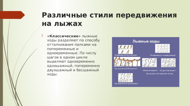 Различные стили передвижения на лыжах «Классические» лыжные ходы разделяют по способу отталкивания палками на попеременные и одновременные. По числу шагов в одном цикле выделяют одновременно одношажный, попеременно двухшажный и бесшажный ходы. 