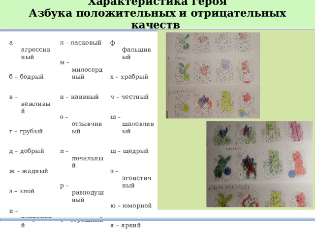 Характеристика героя  Азбука положительных и отрицательных качеств   а– агрессивный л – ласковый б – бодрый в – вежливый ф – фальшивый м – милосердный г – грубый х – храбрый н – наивный д – добрый ч – честный о – отзывчивый ш – шаловливый п – печальный ж – жадный р – равнодушный з – злой щ – щедрый и – искренний э – эгоистичный с – страшный т – трусливый к – корыст ный ю – юморной у – угрюмый я – яркий 