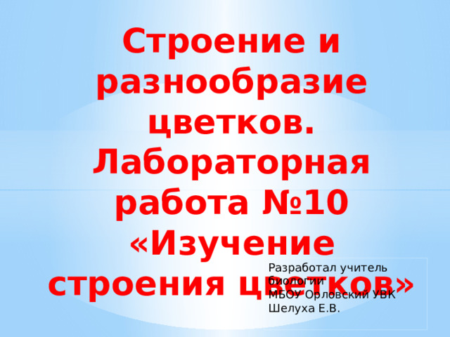 Строение и разнообразие цветков. Лабораторная работа №10 «Изучение строения цветков»   Разработал учитель биологии  МБОУ Орловский УВК  Шелуха Е.В.   