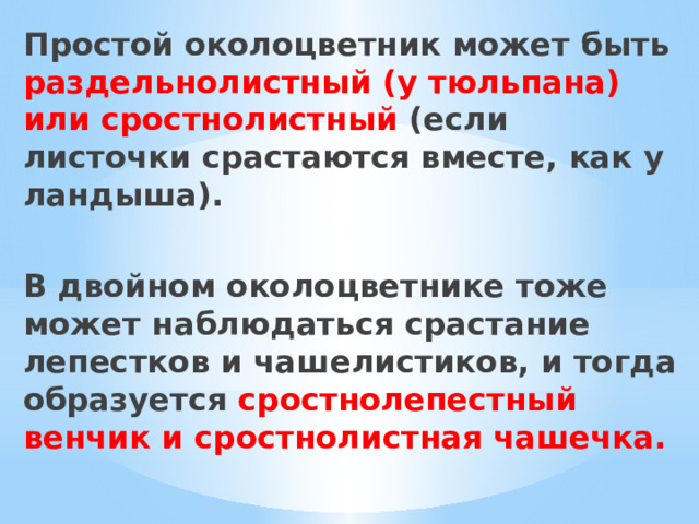 Простой околоцветник может быть раздельнолистный (у тюльпана) или сростнолистный  (если листочки срастаются вместе, как у ландыша).   В двойном околоцветнике тоже может наблюдаться срастание лепестков и чашелистиков, и тогда образуется сростнолепестный венчик и сростнолистная чашечка.  