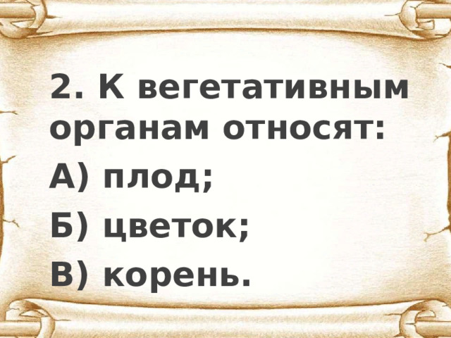  2. К вегетативным органам относят: А) плод; Б) цветок; В) корень. 