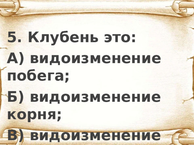  5. Клубень это: А) видоизменение побега; Б) видоизменение корня; В) видоизменение листа. 