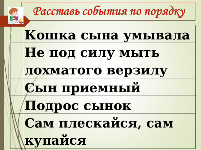  Кошка сына умывала   Не под силу мыть лохматого верзилу   Сын приемный   Подрос сынок   Сам плескайся, сам купайся 
